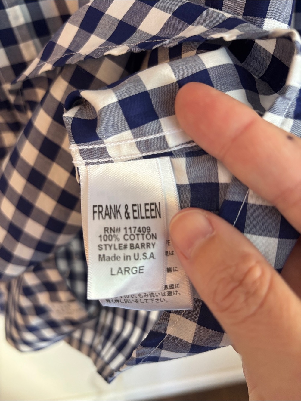 Frank & Eileen Barry Navy and White Gingham Button-Down 100% cotton Shirt LG EUC - Picture 7 of 10